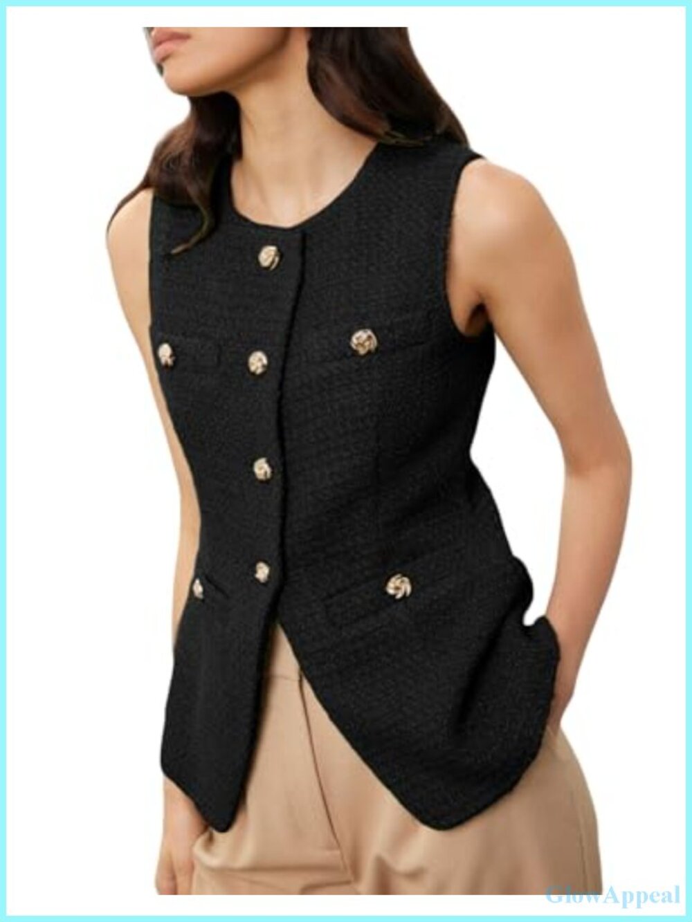 Tweed Blazer Vest Sleeveless Button Front Collarless Slim Fit Women's
